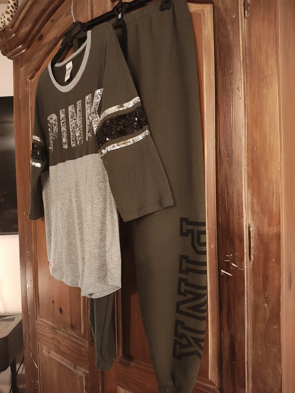 PINK Victoria's Secret Olive & Gray Sequin Logo Jogger Set